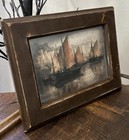 Sailboats Moody Vintage Antique Art Print In Reclaimed Vintage Frame 11x13   