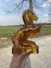 Vintage Le Smith Heavy Amber Glass Rearing Horse Bookends 8  Art Deco Mcm 