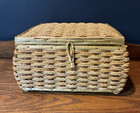 Vintage Woven Wicker Sewing Basket With Handle Yellow Satin Lined