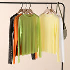 Women Sheer Mesh Basic T Shirt Blouse See Through Crew Neck Long Sleeve Tops