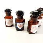 5 Vintage Amber Apothecary Bottles W labels   Stoppers     Pharmacy Jars