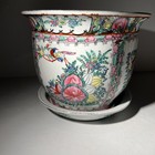 Chinese Porcelain Jardini  re Planter With Matching Saucer     Rose Medallion Decor