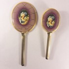 Vtg 1940-50s Gold Boxed Vanity Set Mirror Brush Comb Jars Victorian Portrait