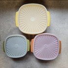 Tupperware Vintage Square Bowl   Lid Set 3pc Yellow Green Orange Plastic