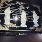 Asian Black Lacquer Jewelry Box      Mother Of Pearl Geisha Girls Red Interior Vtg