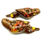 2 Lg 5in Brown Ceramic Bird Macrame Beads 60s 70s With Red Orange Yellow Glaze