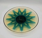 Mcm Fostoria Hawaiian Yellow Amber   Teal Blue-green Footed Glass Cake Plate 13 