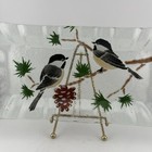 Fused Art Glass Trinket Tray With Ruffled Edges Chickadees   Pine Cones 11x4