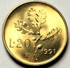 1991 20 Lire Italy Coin Km 97 21 25mm Beautiful Luster Brilliant Uncirculated