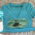 Loto Women s Blue V-neck Cap Sleeve Sea Turtle Graphic Cropped T-shirt S