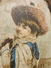 Antique Old Wood Carved Plaque Chippy Victorian Litho Image Girl Winter Snow 10 