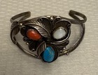Vintage Native American Sterling Silver Turquoise Coral Mop Cuff Bracelet Signed