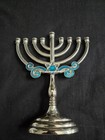Beautiful Menorah Silvertone Blue Enamel Rhinestone 8 25 x7  Judaism