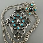 Vintage Avon Necklace Ring Set Hematite Faux Turquoise Silver Tone 7 75 24   
