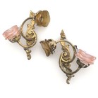 Gorgeous Pair Of Antique French Brass Rococo Double Sconces Glass Rose Shades