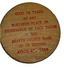 Wooden Nickel Meeker County Centennial 1856 - 1956 Token