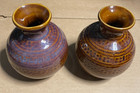 Pair Vintage Mid Century Brown Glazed Pottery Bud Vases Round Ceramic Stoneware