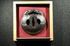 Rare Tsuba Japanese Antique Iron Tadashige Wooden Temple Drum Design Edo Period