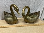 Pair Large Brass Swan Planters Bird Figurine Decorative Holder Korean Made