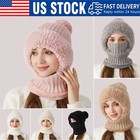Women s Set Scarf And Hat Ladies Winter Knitted Beanie Hat Fleece Pom Neck Cacw
