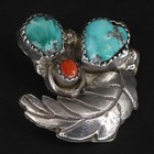 Vtg Sterling Silver - Navajo Turquoise   Coral Leaf Necklace Pendant - 6g