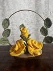 Handmade Crochet Yarn Rose Flower Arrangement Red Green Floral Hoop Stand Decor