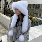 Womens Real Mink Fur Hat Knitted Beanie Skull Warm Scarf Collor W Fox Fur Brim