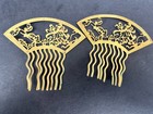 Vintage Brass Hair Combs Pair Pierced Floral Fan Shape Lightweight Asian 3   