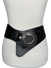 Wide Leather Belt Black Waist Cinch V Slouch L Silver Buckle Stretch Statement