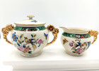 Vtg Hand-painted Japan Sugar Bowl   Creamer ornate Gold Handles floral  Birds