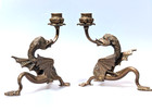 Pair Antique 19th Century Bronze Griffin Candlestick Candle Holders