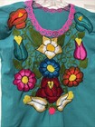 Mexican Hand Embroidered Top Blouse Size Small  Teal Flowers Multicolor