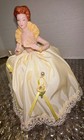 Vintage Porcelain Lady Half Doll Pin Cushion Yellow Satin   Lace W fan 6    Nice 
