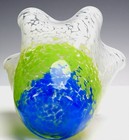 Vintage Murano Art Glass Vase  Green And Cobalt Blue  7 x7  Swirl Fluted Top 