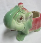 Vtg Retro Green   Pink Ceramic Elephant Planter Trunkup Baby Lucky