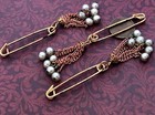 Vintage Aged Metal Safety Pin With Dangling Glass Pearl Tassel 3