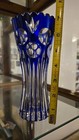 Vintage Bohemian Cobalt Blue Cut To Clear Crystal Tulip Vase 7  Art Glass Coin