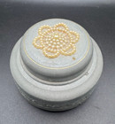 Vtg Aluminum Round Vanity Powder Puff Music Box W embossed Faux Pearls   Works