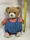 Vintage Eden Teddy Bear Musical Wind Up Plush Red White Blue Polka Overalls Rare