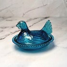 Indiana Style Glass Mini Hen On Nest Chicken Salt Dish  Colonial Blue  Vtg Style