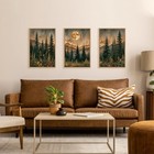 Houria Nature Forest Mountain Framed Canvas Wall Art Set moonlight Pine Tree    