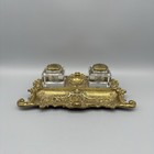Antique Vintage Brass Desk Inkwell Pen Rest Double Glass Wells