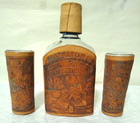 Vintage Hand Tooled Embossed Leather Flask  2 Shot Glasses From Matamoras Mexico