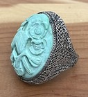Antique 1940   s Chinese Export Silver Carved Turquoise Filigree Ring Sz 5 75 Adj
