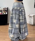 Women s Blue Denim Jeans Straight Leg Loose Fit Casual Pants Plaid Ripped Punk