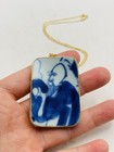 Antique Asian Gold Tone Handmade Blue White Porcelain Pendant 16    Necklace