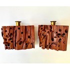 Mid-century Organic Modern Insect-eaten Wood Candleholders  Brass Cups  Pair