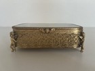Vintage Gold Ormolu Glass Jewelry Trinket Box Cherubs  Filigree Casket Square
