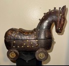 Folk Art Vintage Wood Carved Trojan Horse Tika Or Snuff Box On Wheels