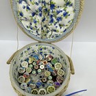 Vintage Wicker Sewing Basket With Floral Lining  Thread Spools  Needles  Buttons